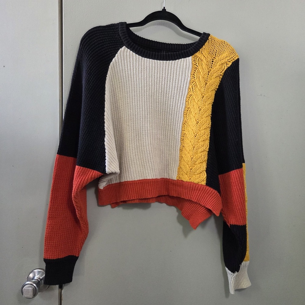 Moon & Madison Anthropologie M Colorblock Cable Knit Asymmetrical Crop Sweater